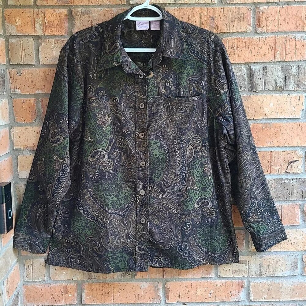 Southern Expressions Womens Size L Top Blouse Button Front Long Sleeves Paisley